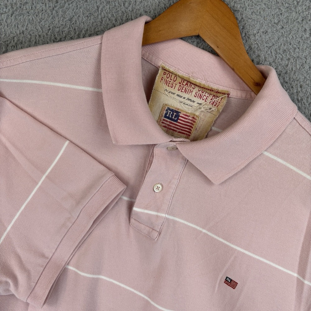 Vintage Polo Jeans Company Polo Shirt‎ Mens 2XL Pink Striped Flag Logo *READ*
